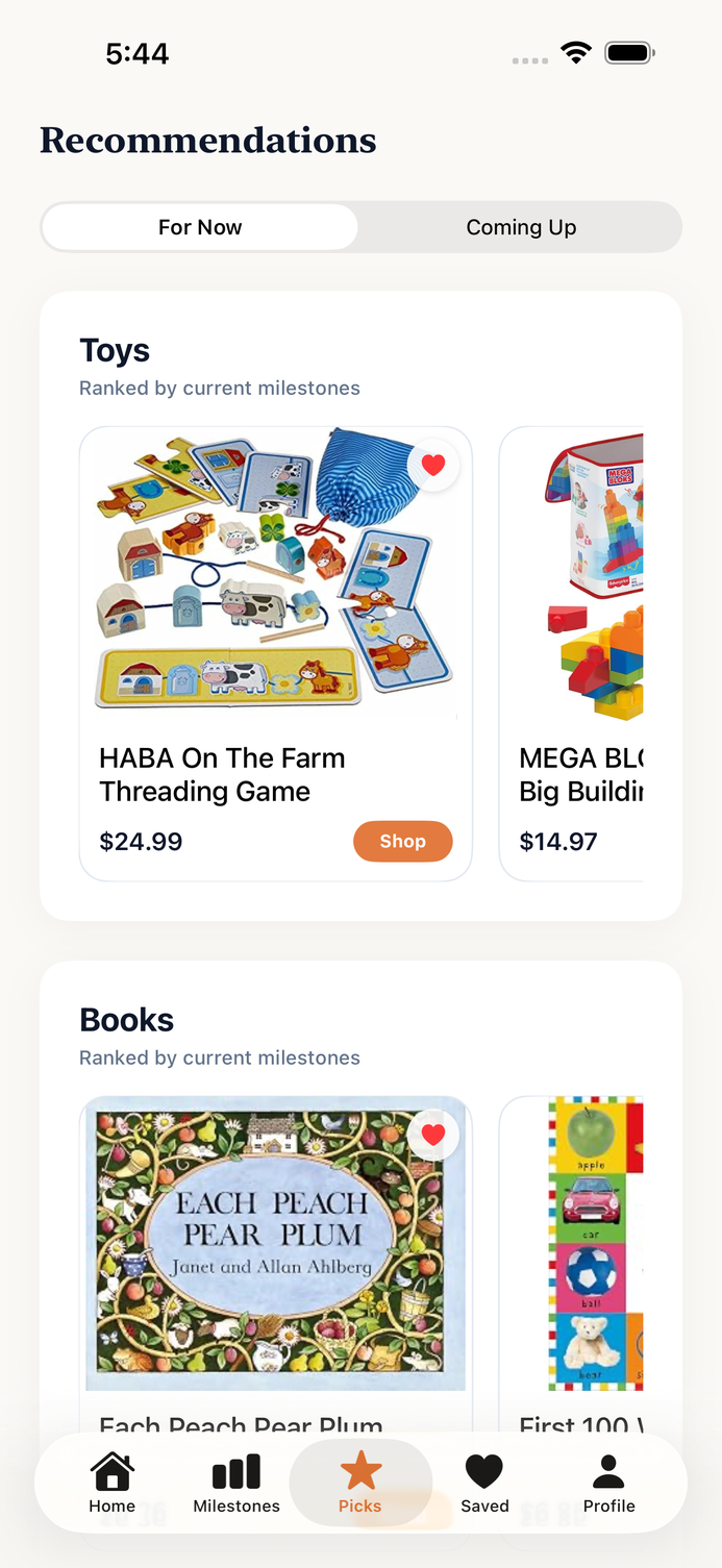 TinyMinds recommendations screen showing toy and book picks matched to current milestones